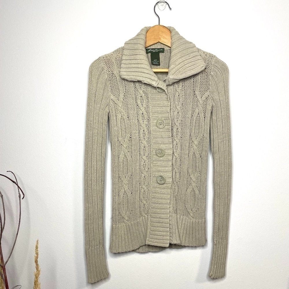 Eddie Bauer Beige Cable Knit Button Up Cardigan